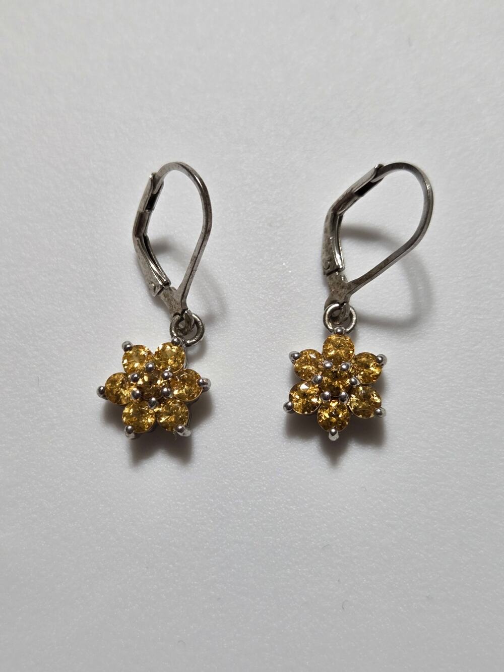 925 Sterling Silver Yellow Crystal Flower Leverback Dangle Earrings Floral